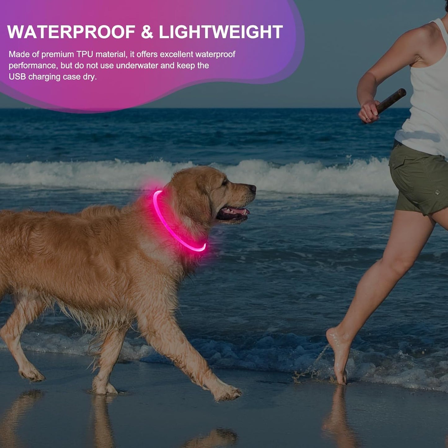 Light up Dog Collars - Waterproof LED Dog Collar, Glow in the Dark Pet Collars, TPU Cuttable Lighted Puppy Collar Lights for Small Medium Large Dogs (Pink)